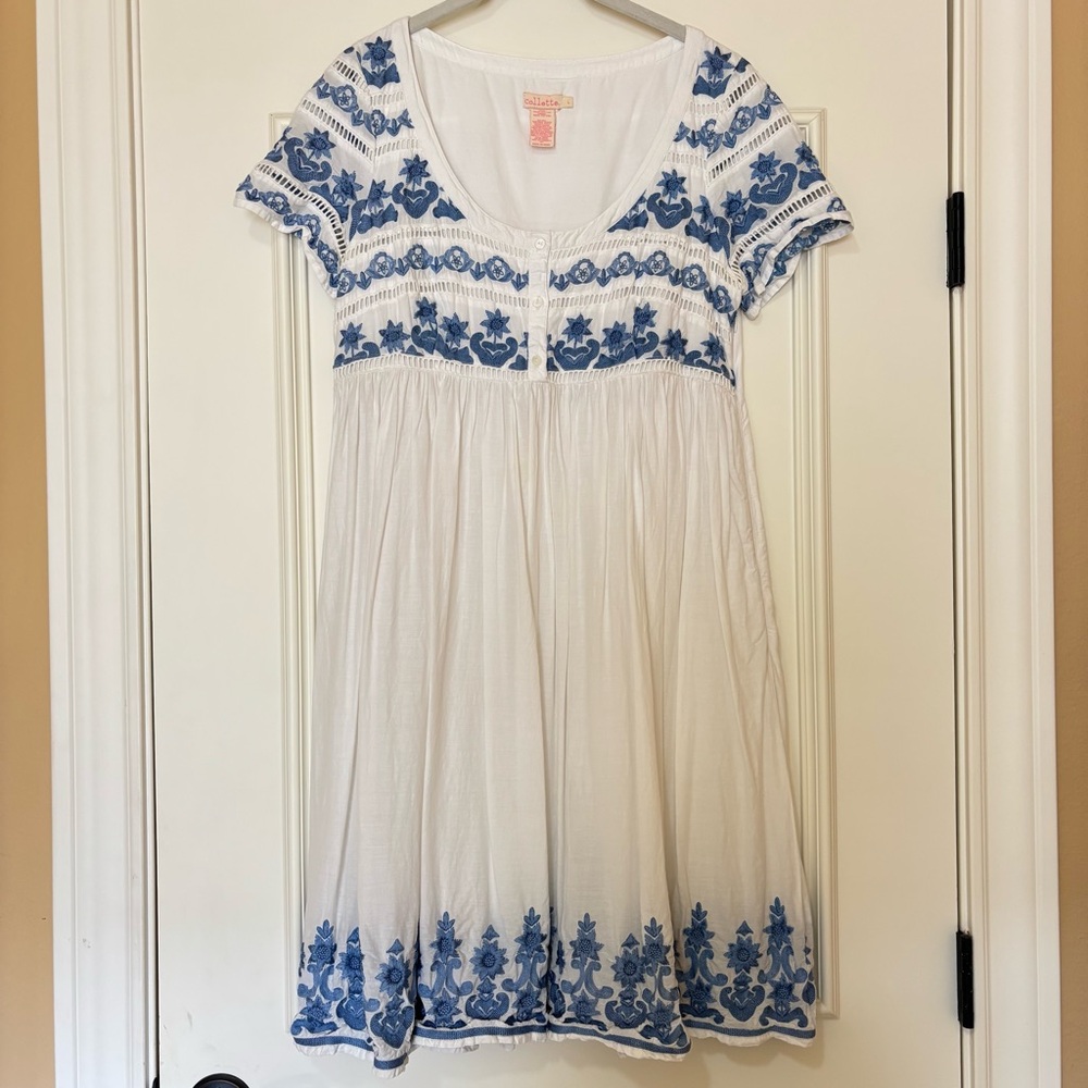 Collette White and Blue Embroidered Dress